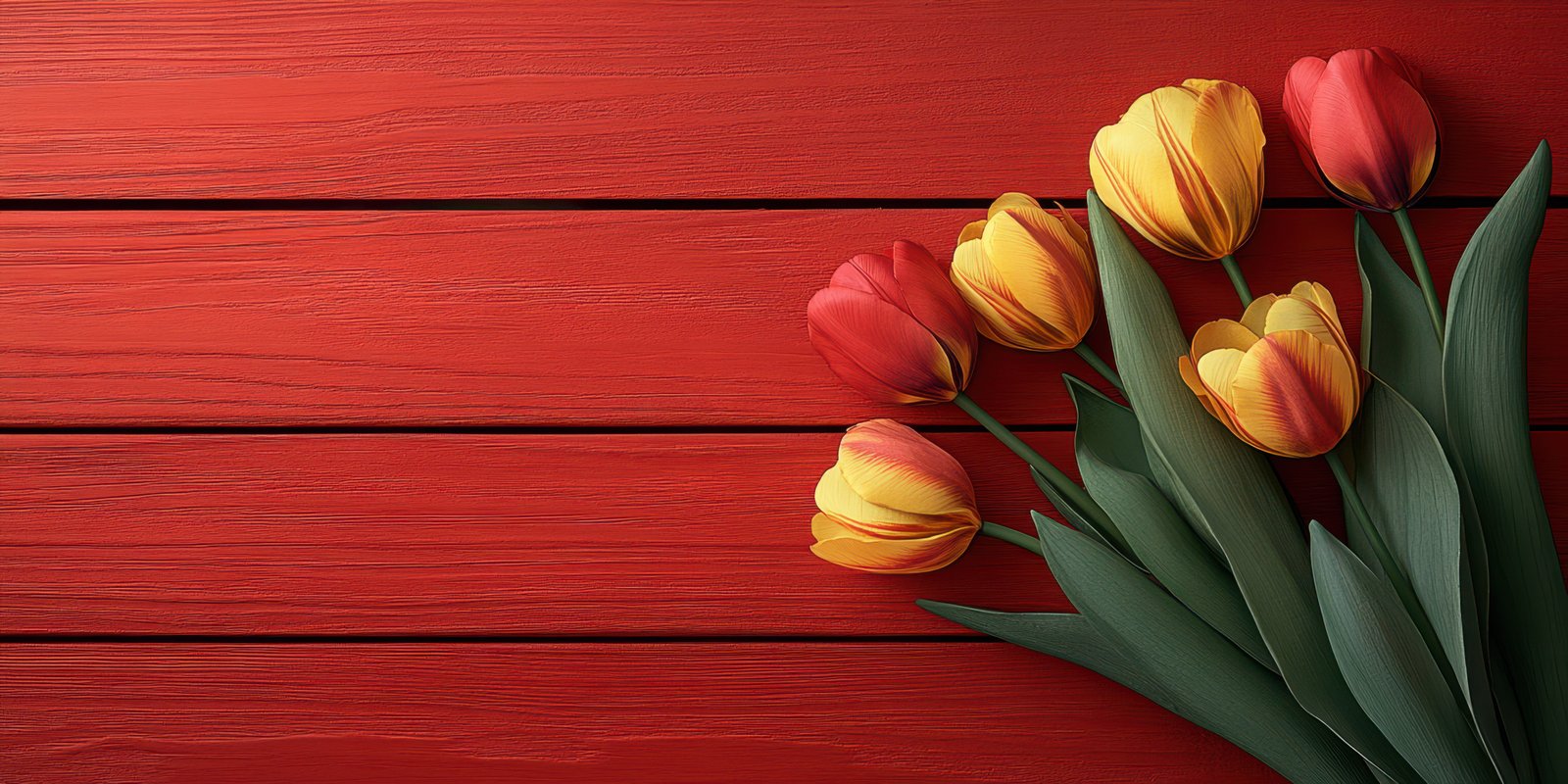 Colorful tulips arranged on a vibrant red wooden surface showcasing spring beauty and freshness